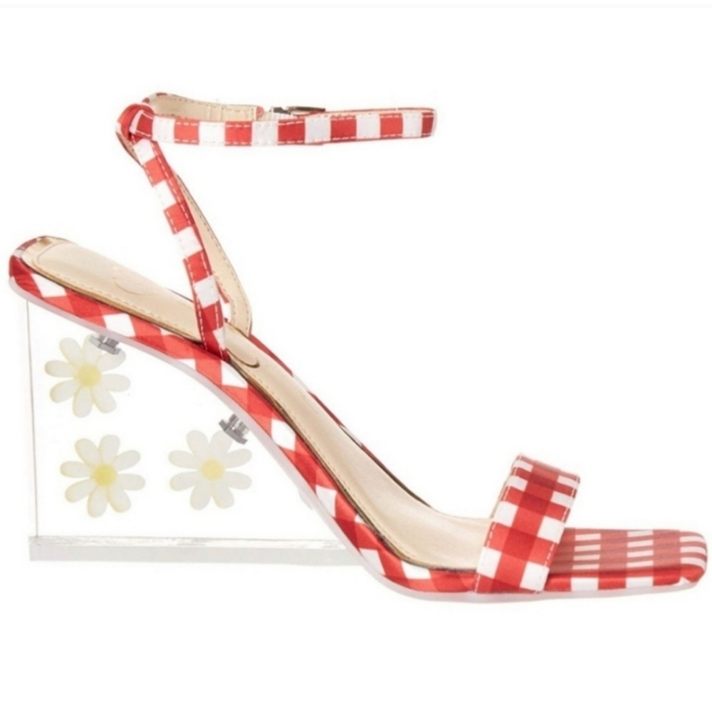 Jessica Simpson Aysie Acrylic Wedge Sandal Red Gingham Daisy - Picture 3 of 6